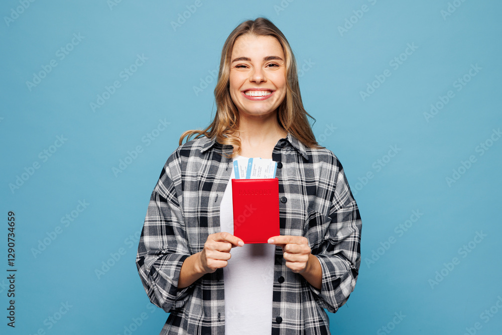 Traveler happy fun woman wear grey casual clothes hold passport ticket isolated on plain blue background studio. Tourist travel abroad in free spare time rest getaway. Air flight trip journey concept. Traveler happy fun woman wear grey casual clothes hold passport ticket isolated on plain blue background studio. Tourist travel abroad in free spare time rest getaway. Air flight trip journey concept.