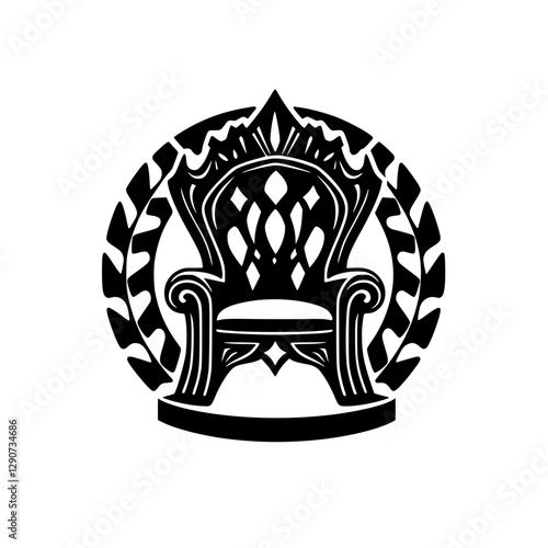 Black and white stylized illustration of a throne, set within a laurel wreath in a circular design.