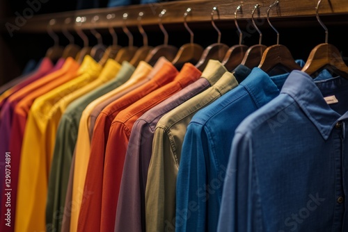 Colorful Collection of Shirts Displayed on Hangers in a Clothing Store