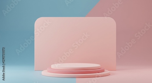 a central circular podium in a soft pink color, set against a backdrop with contrasting blue and pink hues.