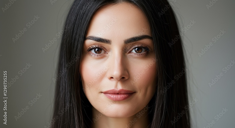 Professional Portrait of a Woman with Long Dark Hair and Natural Makeup, Perfect for Lifestyle and Fashion Concepts Professional Portrait of a Woman with Long Dark Hair and Natural Makeup, Perfect for Lifestyle and Fashion Concepts