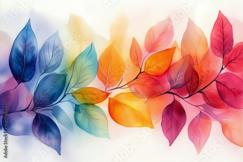 Vibrant Watercolor Leaves in Autumn Colors Against a Light Background