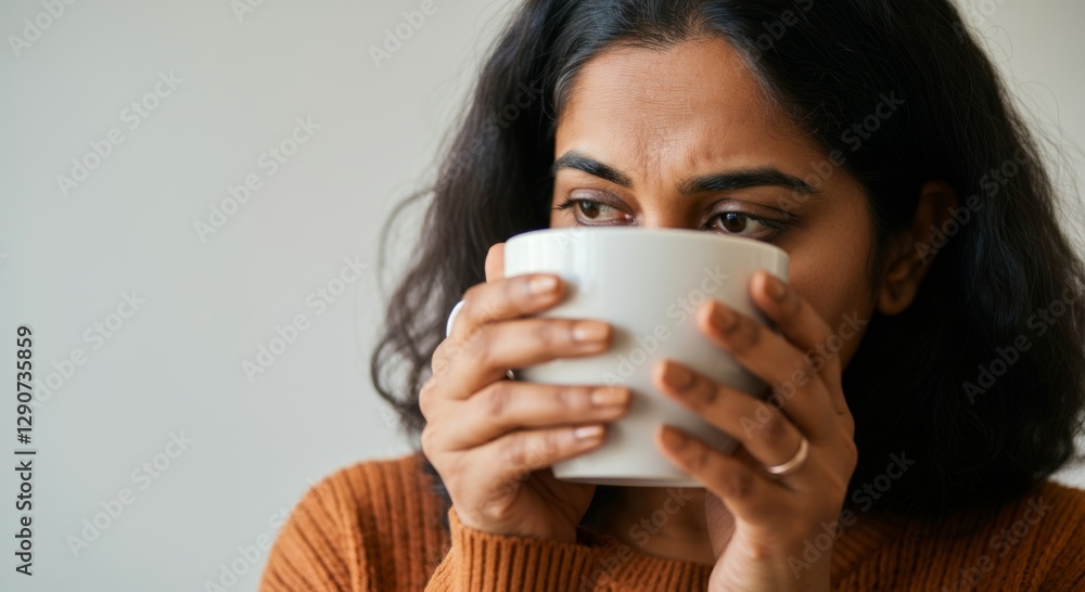 Thoughtful young woman drinking coffee from large mug indoors Thoughtful young woman drinking coffee from large mug indoors