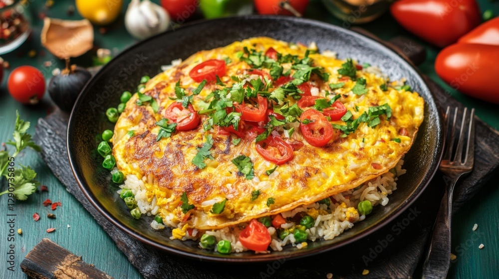 A cozy setting showcasing a plate of omelet rice with vibrant colors, including greens and reds from vegetables, highlighting the nutritious aspects of the dish A cozy setting showcasing a plate of omelet rice with vibrant colors, including greens and reds from vegetables, highlighting the nutritious aspects of the dish