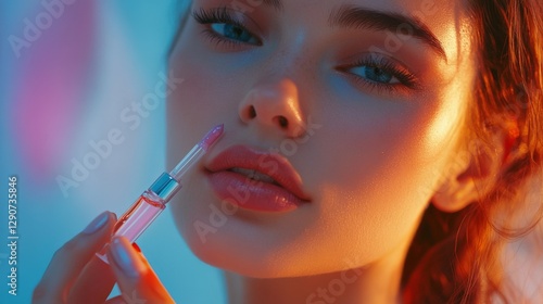 Young Woman Applying Lip Gloss With Precision