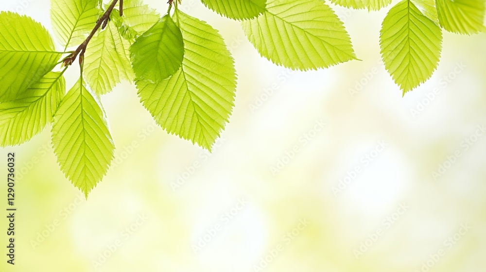Bright Green Leaves on Branch Soft Light Background Bright Green Leaves on Branch Soft Light Background