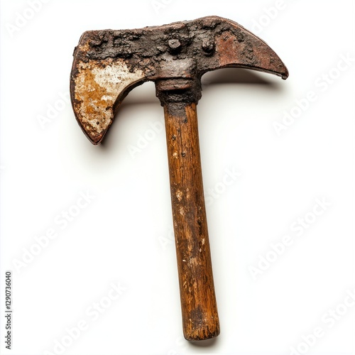 A single, detailed coal miner worn-out pickaxe, on a pure white background, highlighting its natural imperfections with professional studio lighting, symbolizing years of hard work.