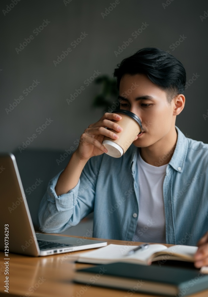 Young Asian professional drinking coffee and working on laptop at home office