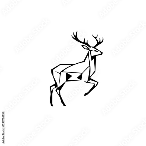 Geometric Stag: Black line art of a stag, shown with a minimalist, polygonal style, standing on white background.