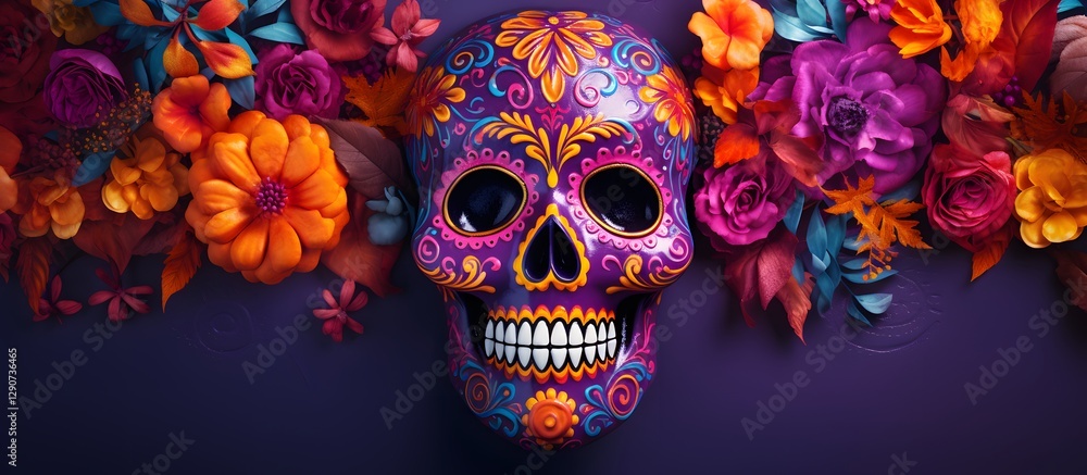 Ivory skull decorated with intricate floral patterns and vibrant red flowers against a dark background Ivory skull decorated with intricate floral patterns and vibrant red flowers against a dark background