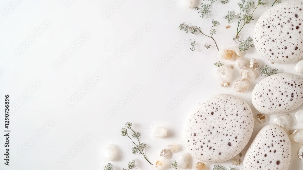 Elegant composition of white stones with delicate greenery Elegant composition of white stones with delicate greenery