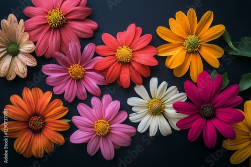 Colorful Arrangement of Various Flowers on a Dark Background Showcasing Natur...