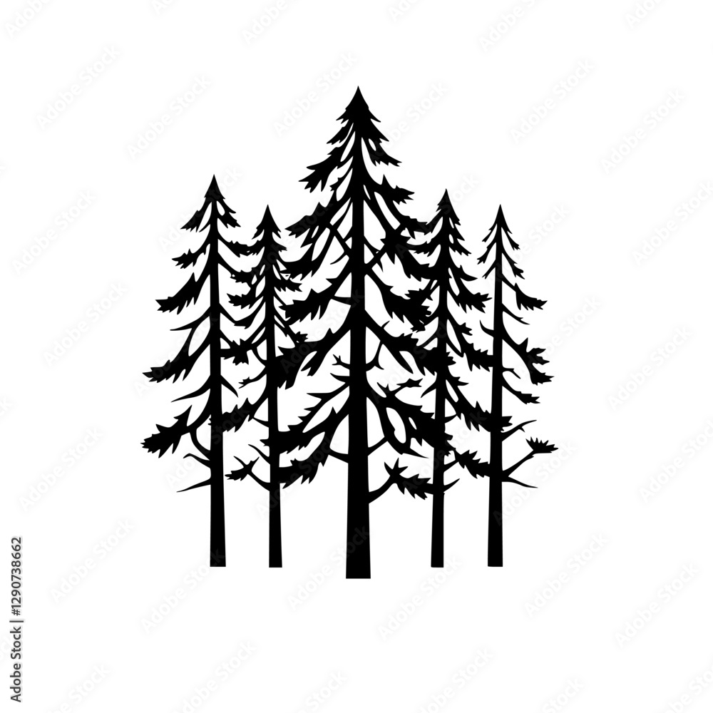 Obraz premium A stark, minimalist black and white silhouette of a group of fir trees, creating a sense of nature.