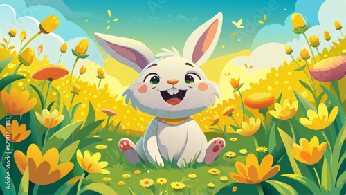 Happy Bunny in a Field of Flowers: A joyful bunny sits amongst a vibrant field of yellow and white flowers, its expression brimming with happiness and warmth, capturing the essence of springtime 