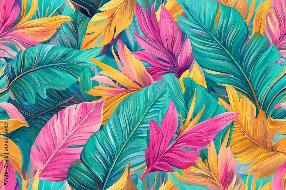 Fototapeta premium Tropical seamless pattern featuring exotic leaves and plants.