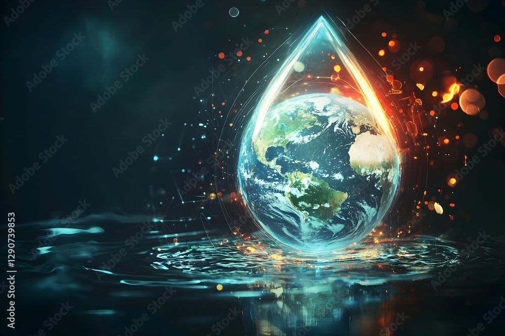 Obraz premium A unique representation of Earth inside a glowing droplet, highlighting the connection between water and planet.