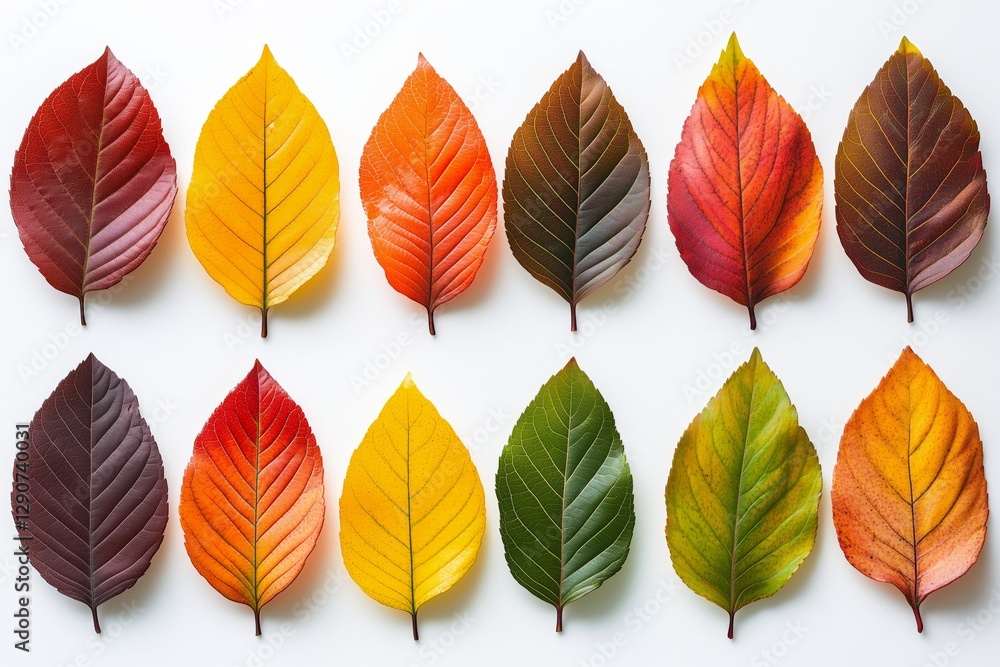 Fototapeta premium Colorful Arrangement of Autumn Leaves on a White Background Showcasing Various Shades of Nature