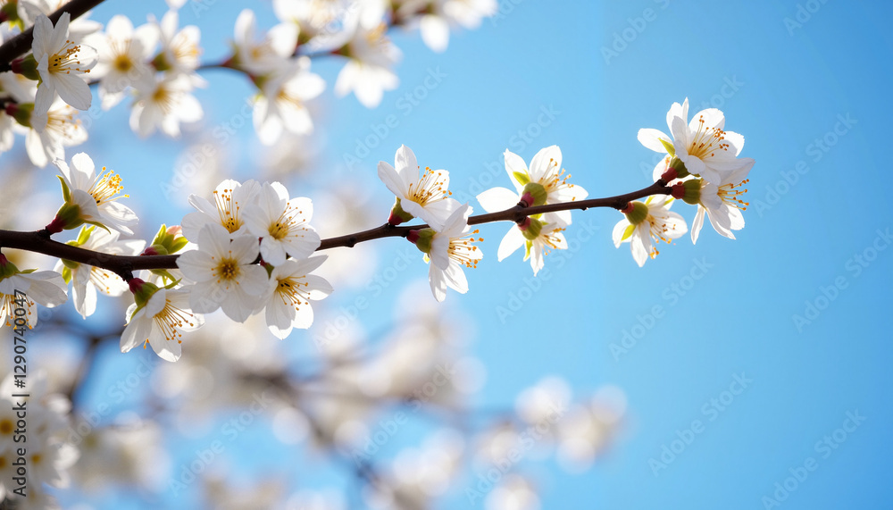 A close-up of delicate white cherry blossoms blooming on a branch against a clear blue sky. A close-up of delicate white cherry blossoms blooming on a branch against a clear blue sky.