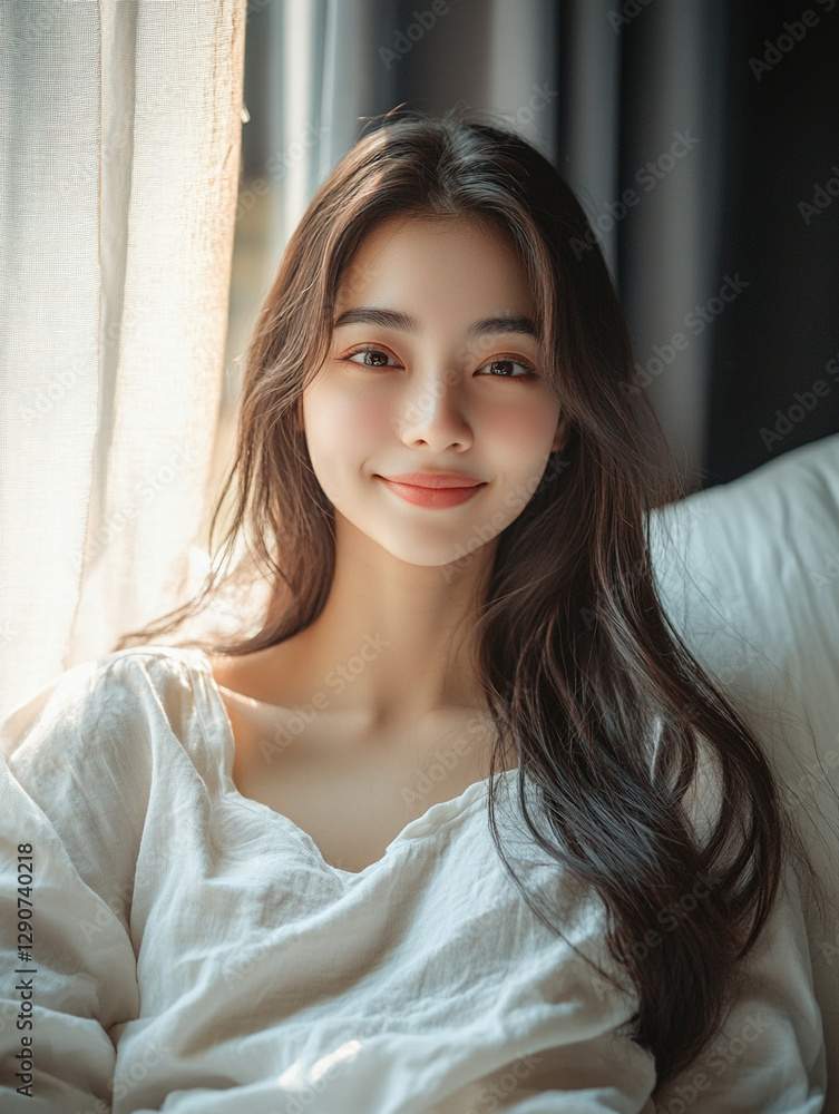 Smiling woman relaxing by window in soft morning light Smiling woman relaxing by window in soft morning light