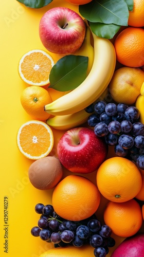 Colorful Display of Fresh Fruits Arranged on a Vibrant Yellow Background