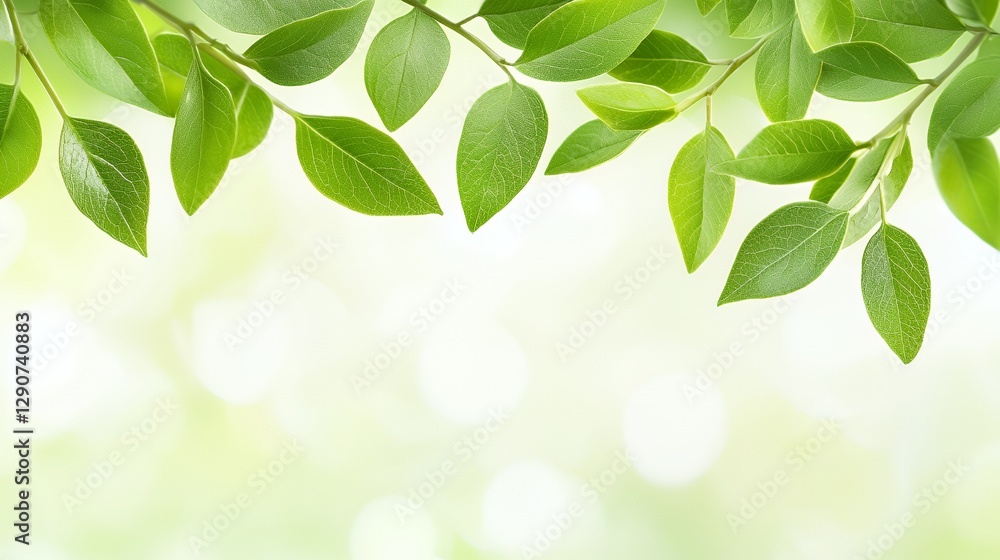 Bright Green Leaves on Branch with Soft Light Background Bright Green Leaves on Branch with Soft Light Background