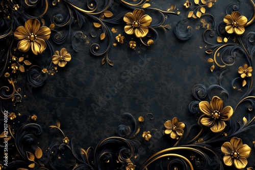 Golden Floral Patterns on Dark Background Create Elegant and Intricate Decora...