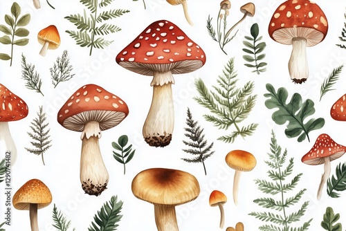 Colorful Mushrooms and Ferns in a Whimsical Botanical Composition Created in ...