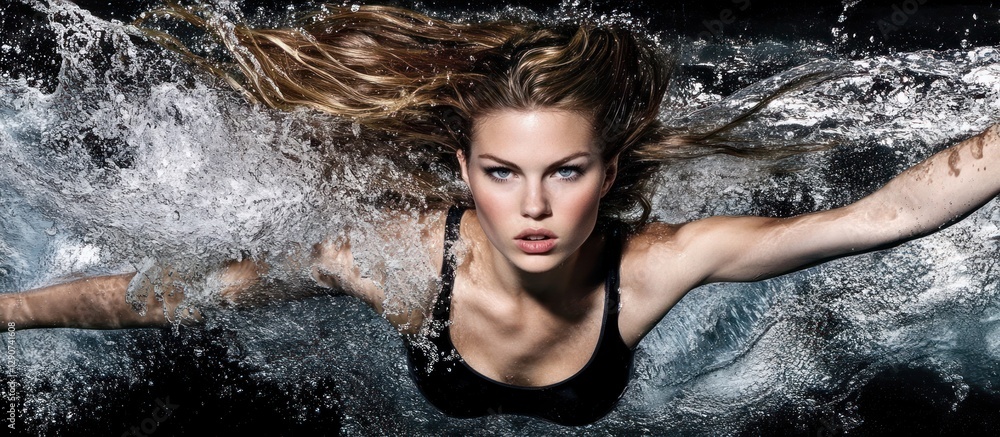 Fototapeta premium Woman, water, splash, beauty, dark, background, swimwear, photoshoot, advertising