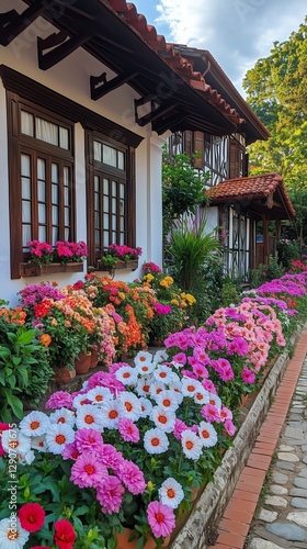 Vibrant Flower Garden Blooms in Colorful Display on a Sunny Day Outside a Cha...