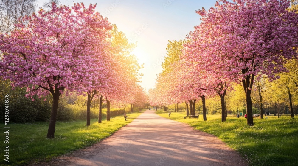Naklejka premium A panoramic view of a cherry blossom park during peak bloom, with pathways lined by blooming trees and soft sunlight filtering through the branches, inviting visitors