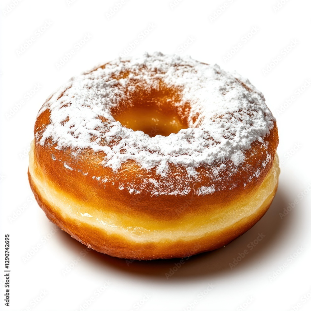 Close-up of a Croatian fritule (mini doughnut), captured with clarity and precision, set against a white background for easy integration into designs, dusted with powdered sugar. Close-up of a Croatian fritule (mini doughnut), captured with clarity and precision, set against a white background for easy integration into designs, dusted with powdered sugar.