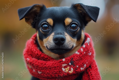 Cute Small Dog Wearing a Red Scarf Sitting Outside During Autumn
