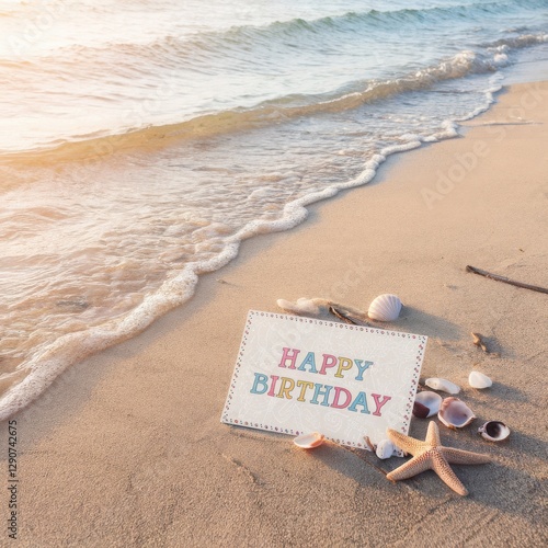 Birthday Celebration at a Tropical Beach with Seashells and Waves