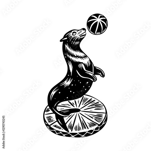 Seal balancing ball on nose, vintage illustration