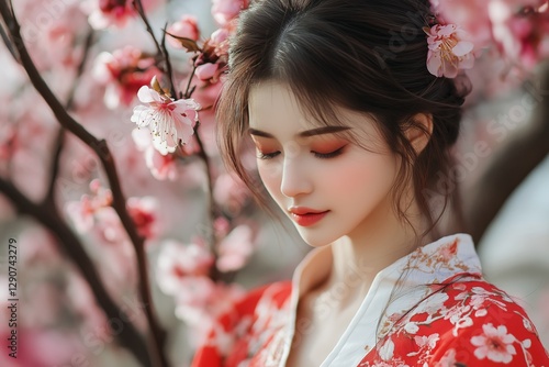 Woman in Traditional Clothing Surrounded by Cherry Blossoms in Springtime