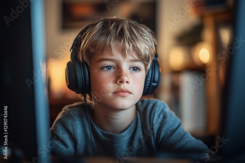 Young Boy Focused on Online Activity While Wearing Headphones in Cozy Indoor ...