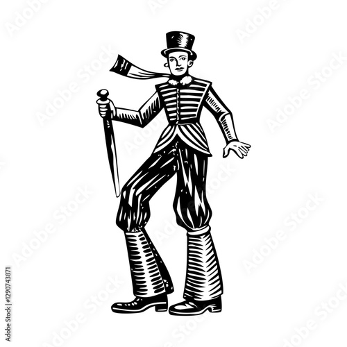 Vintage character illustration of a stilt walker