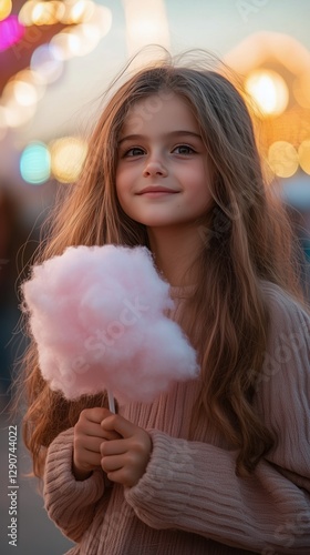 Young Girl Enjoying Cotton Candy While Smiling in a Bright, Natural Light Set...