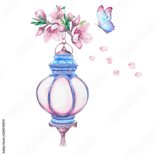 Watercolor lantern with flowers and butterflies. Hand made drawn