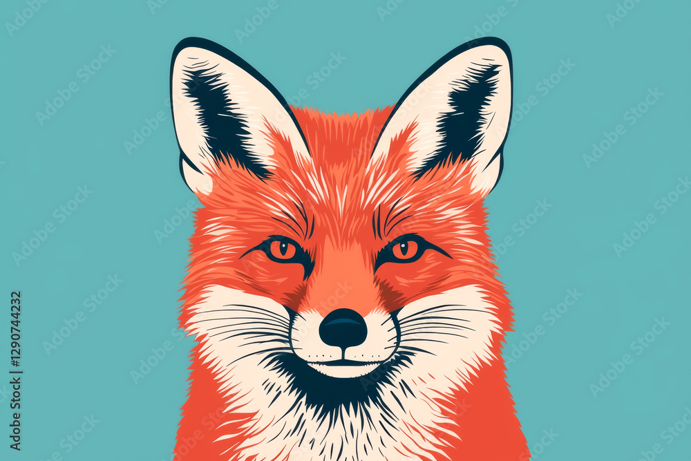 Fototapeta premium Illustration of a vibrant fox face with detailed features on a teal background.