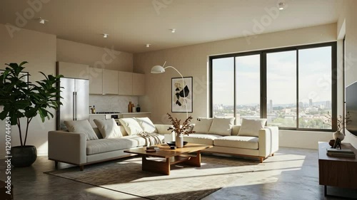 Wallpaper Mural A modern living room featuring stylish furniture and a city view Torontodigital.ca