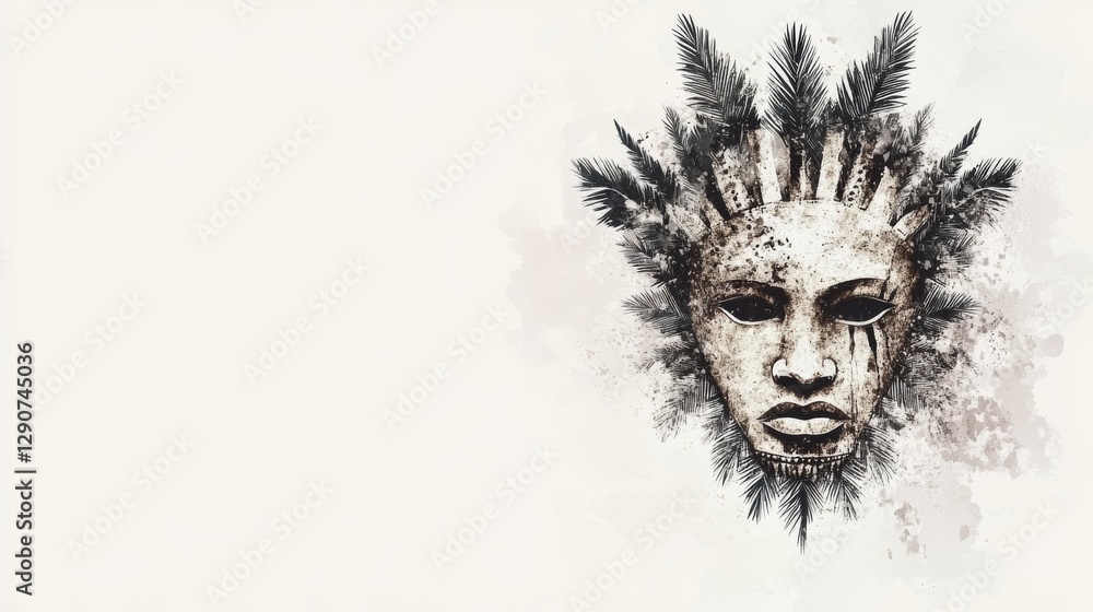 Fototapeta premium Artwork depicting an indigenous mask adorned with tropical foliage