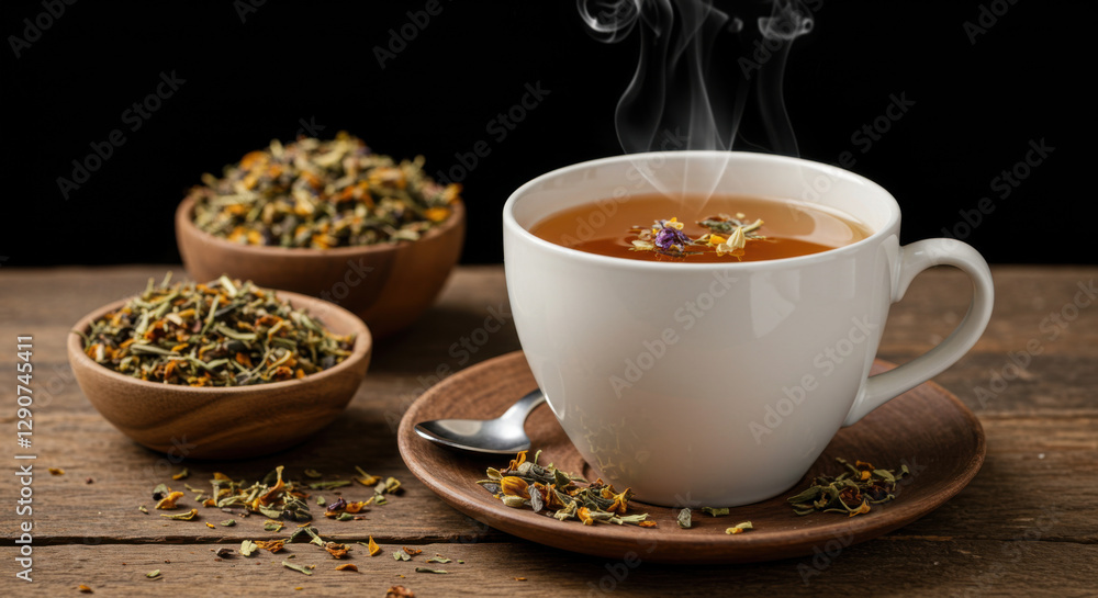 Herbal tea steaming in a porcelain cup Herbal tea steaming in a porcelain cup