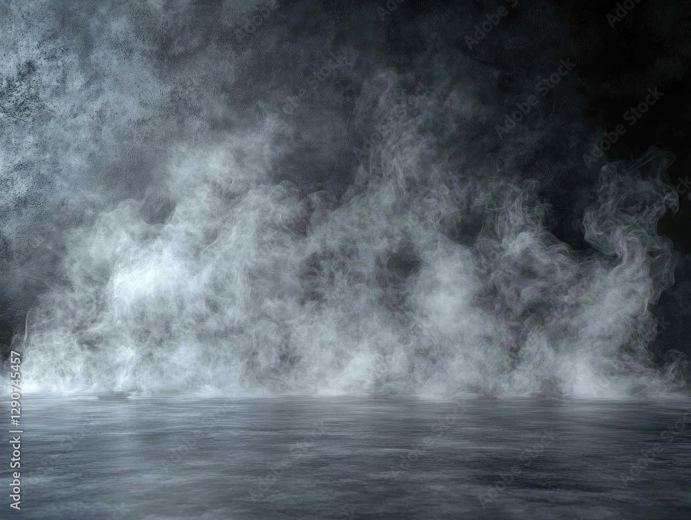 Fototapeta premium Ethereal Smoke Rises Above Dark Surface, Moody Atmosphere, Abstract Background, Grey Mist, Fog Effect, Mysterious Scene, Vapor Texture, Digital Art, Fantasy Setting, Film Grain Effect.