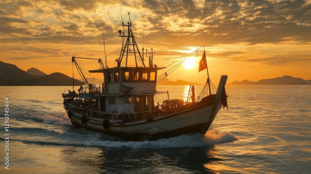 A traditional fishing boat slicing through gentle waves at sunrise, with warm colors of the sky reflecting on the tranquil sea surface A traditional fishing boat slicing through gentle waves at sunrise, with warm colors of the sky reflecting on the tranquil sea surface