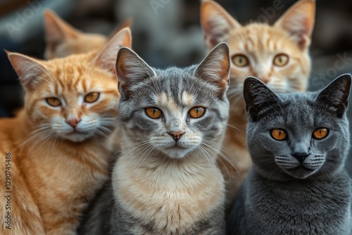 Four Cats of Different Colors Gazing Intently at a Distant Point in an Outdoo...