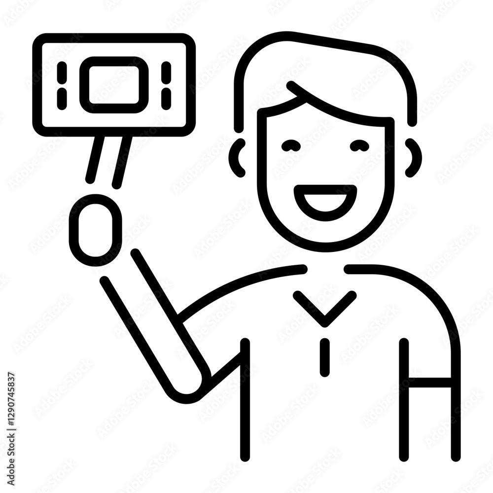 Happy boy taking selfie, linear icon Happy boy taking selfie, linear icon