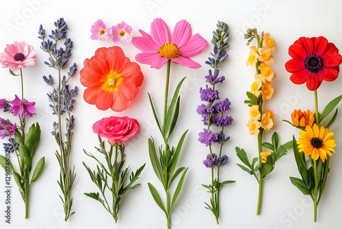 Colorful Array of Fresh Flowers Arranged on a Light Background Showcasing Spr...