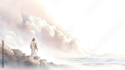 Powerful storm raging over a vast rolling ocean depicted in a watercolor style with soft earth tones and gentle brushstrokes blending seamlessly