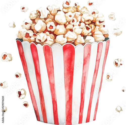 Watercolor popcorn clipart, white background.
